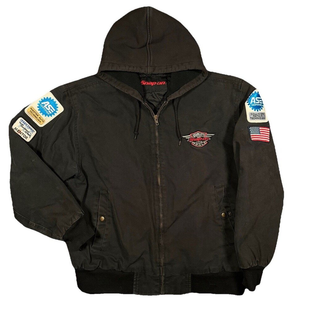 Vintage Snap On Tools Canvas Hooded Full Zip Jacket Black Mens Size XL Heavy